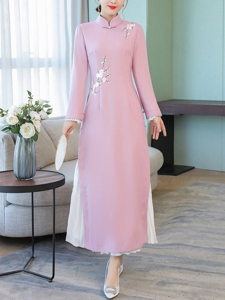 (Bust 92-108 CM) Pink Pleat Midi Plus Size Cheongsam Qipao Dress