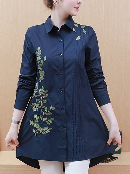 Yaretzi Blue Pleats Embroidery Leafs Long Sleeve Shirt Blouse