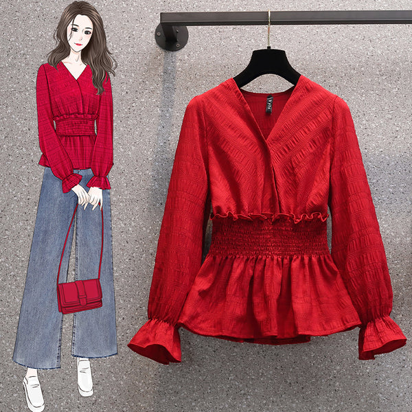 Plus Size Wrap V Neck Peplum Long Sleeve Top