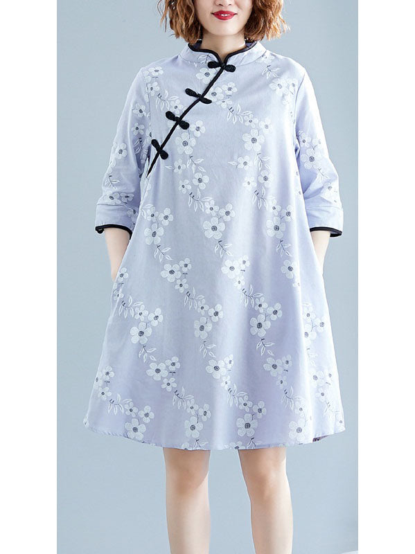 Toby Plus Size Light Blue Floral With Pockets Qipao Cheongsam Dress