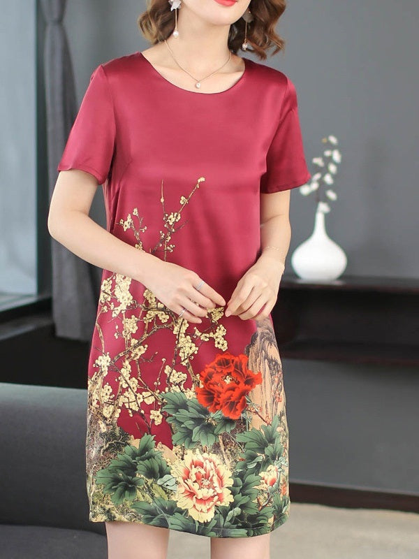 Meadow (Bust 92-116CM) Oriental Chinese Floral Shift Short Sleeve Dress (Blue, Red)