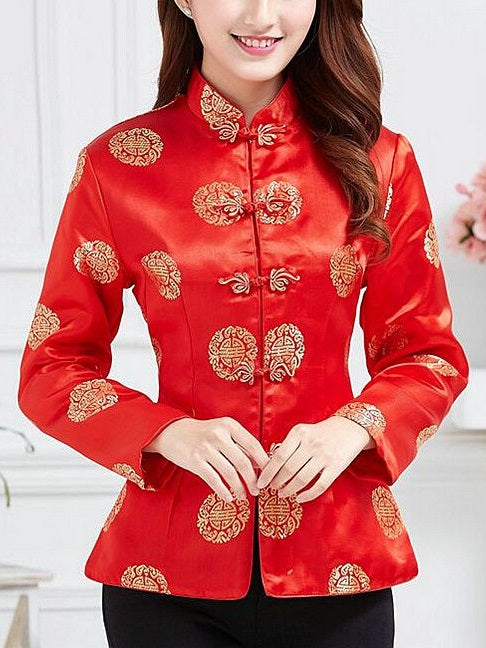 Toccara Plus Size Cheongsam Qipao Oriental Traditional Long Sleeve Top (Red 福 Circle, Red Gold Circle)