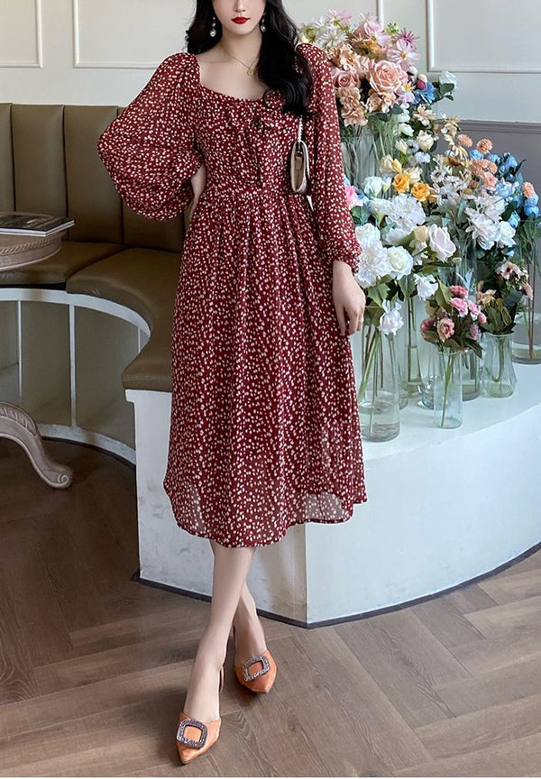 Plus Size Square Neck Ribbon Floral Chiffon Red Long Sleeve Midi Dress