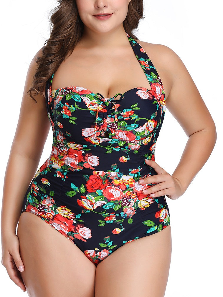 Septima Pinup Floral Print Halter Neck One Piece Swimsuit (Black Flowers Print, Pink Flowers Print)
