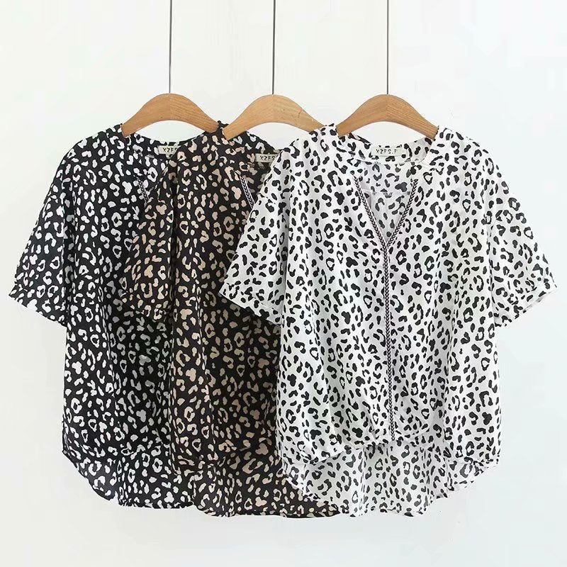 Lael Plus Size Chiffon Leopard Print V Neck Short Sleeve Top