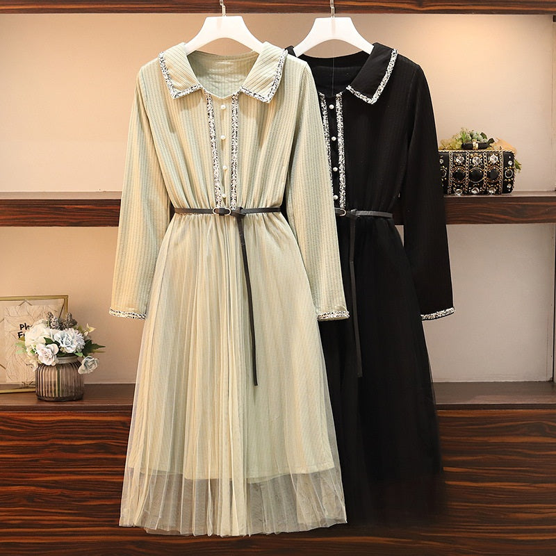 Sherilyn Tweed Pearl Buttons Pleat Tulle L/S Midi Shirt Dress (Green, Black)