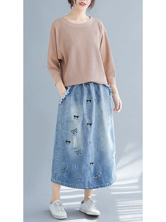 Wynita Plus Size Denim Embroidery Drawstring Stretchy Waist Midi Skirt (EXTRA BIG SIZE)