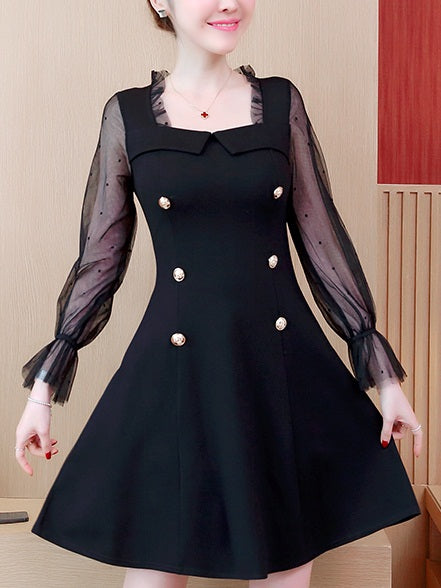 Torre Plus Size Black Tulle Square Neck Swing Double Breast Buttons Long Sleeve Dress