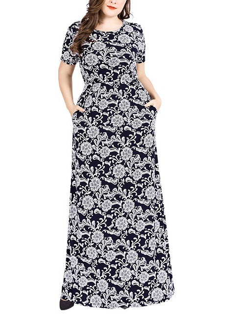 Welles Plus Size Blue Floral Printed Short Sleeve Maxi Dress (EXTRA BIG SIZE)