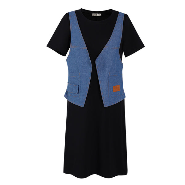 Plus Size Denim Mock 2 Piece Short Sleeve Dress