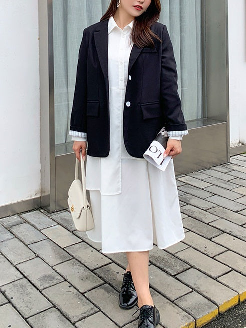 Leda Plus Size White Long Sleeve Midi Shirt Dress And Blazer Set
