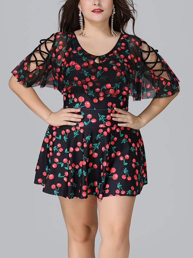 Seattle Criss Cross Shoulder Cherry Print Vintage Pin Up Tankini Top and Shorts Bottom One Piece Dress