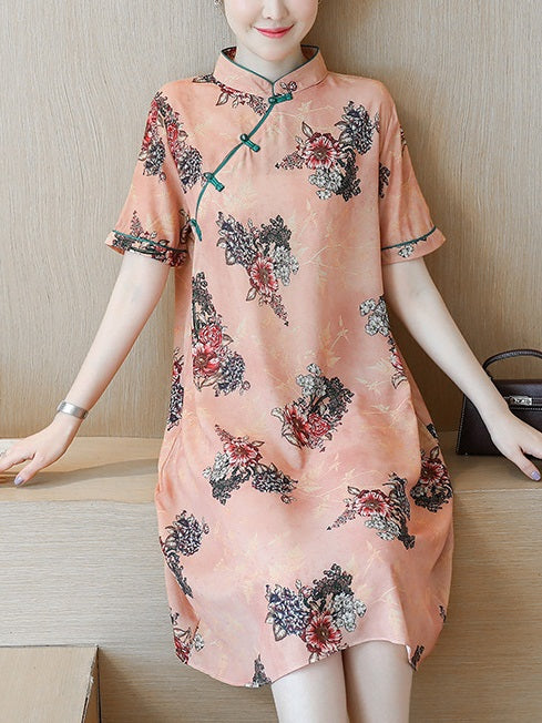 Tali Plus Size Cheongsam Qipao Casual Orange Floral Print Short Sleeve Dress
