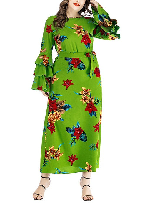 Tomeka Plus Size Floral Print Tier Bell Sleeve Long Sleeve Maxi Dress (Suitable for Muslimah Fashion Wear, Hijab Wearers) (Black, Green) (EXTRA BIG SIZE)