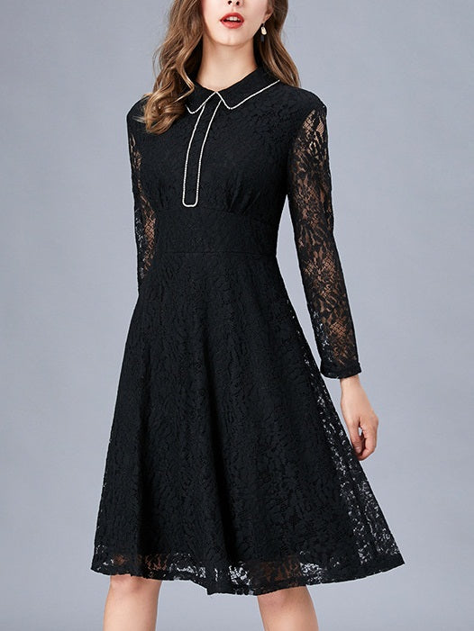 Vayla Plus Size Diamanate Collar Black Lace Swing Long Sleeve Shirt Dress