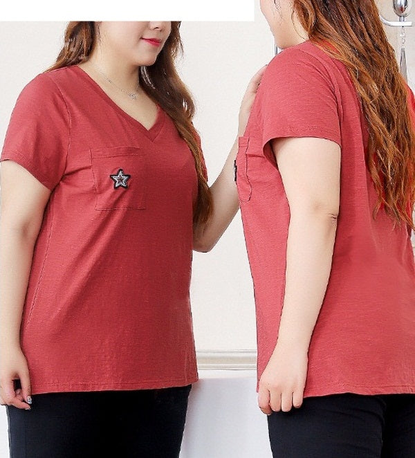 Parvati Star Embroidery V Neck Tee Shirt (EXTRA BIG SIZE) [Red, Black]