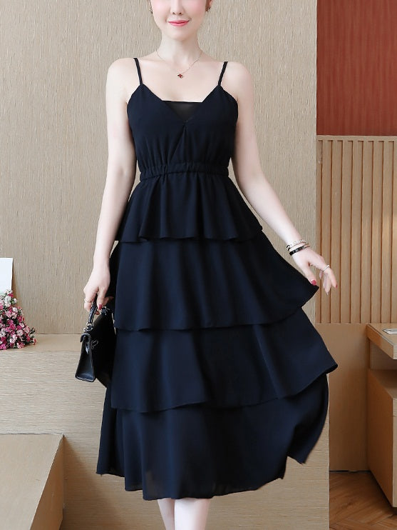 Yola Plus Size Black V Neck Tier Chiffon Sleeveless Midi Dress