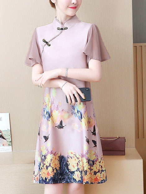 Thomasin Plus Size Cheongsam Qipao Pink Scenery Flowers And Butterflies Short Sleeve Dress