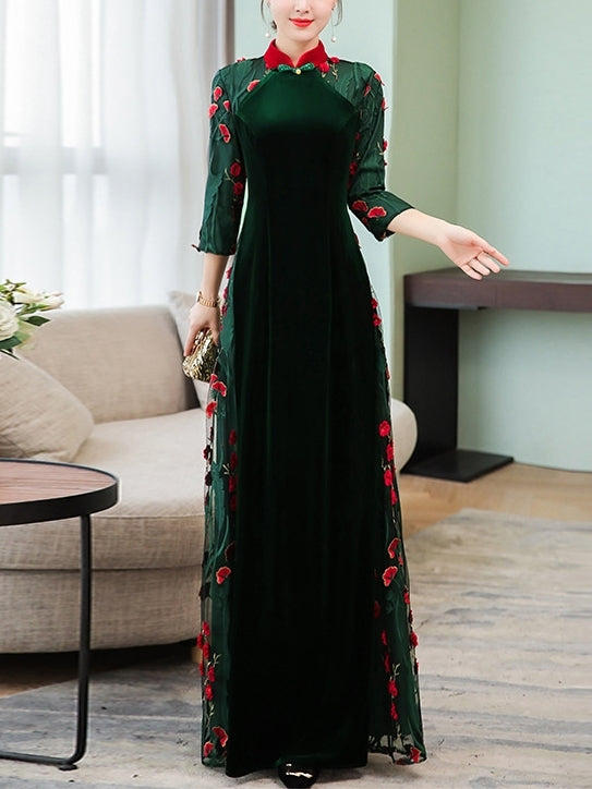 (Bust 87-103 CM) Green Cheongsam Qipao Plus Size Gown Occasion Evening Wedding Mother of the Bride Short Sleeve Maxi Dress Gown