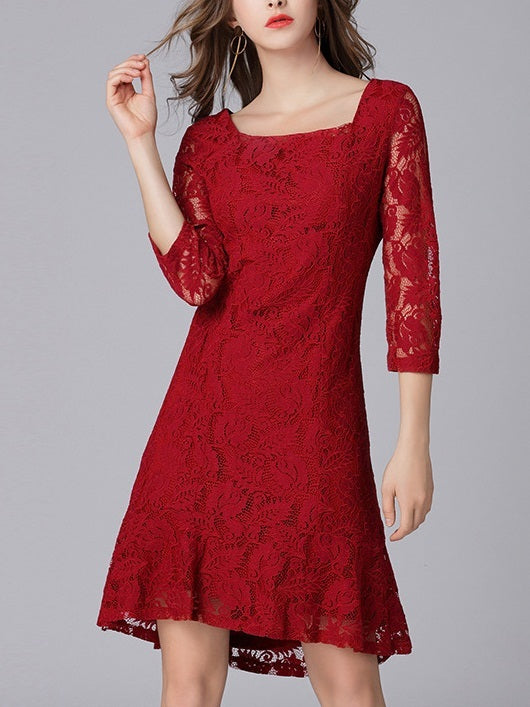 Kayda Square Neck Red Lace Dress