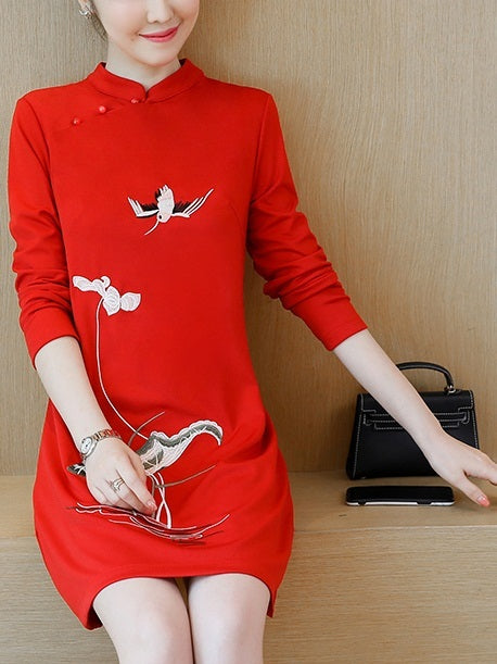 Meagen (Bust 88-108CM) Embroidered Plus Size Cheongsam Qipao Long Sleeve Dress (White, Red, Black)