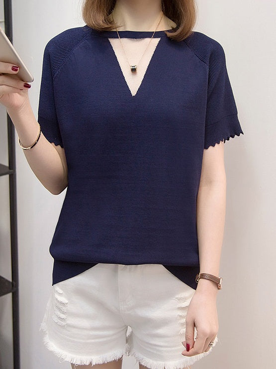 Ximena Plus Size Knit V Neck Scallopr Sleeve Short Sleeve Blouse (Purple, Blue)