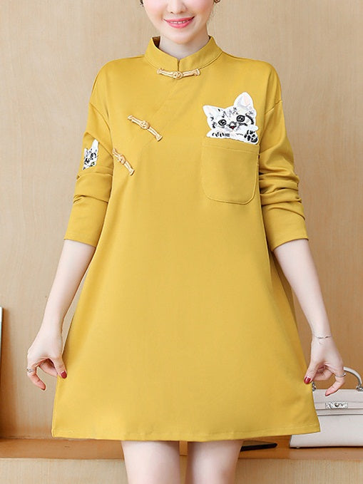 Talia Plus Size Cheongsam Qipao Casual Yellow Cat Embroidery Long Sleeve Dress