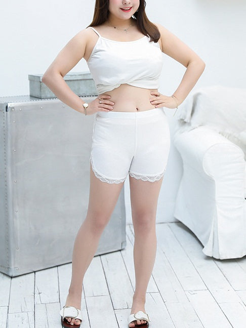 Teisha Plus Size Safety Shorts With Lace Hem (White, Black)