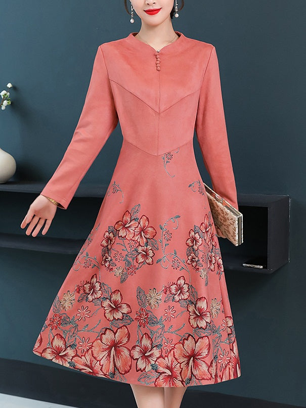 Trevlin  Plus Size Pink Suede Floral  Long Sleeve Midi Dress (Suitable For Weddings, Chinese New Year, Work And Weekends)