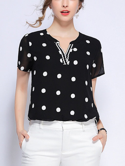 Pia V Neck Trim Polka Dots Blouse