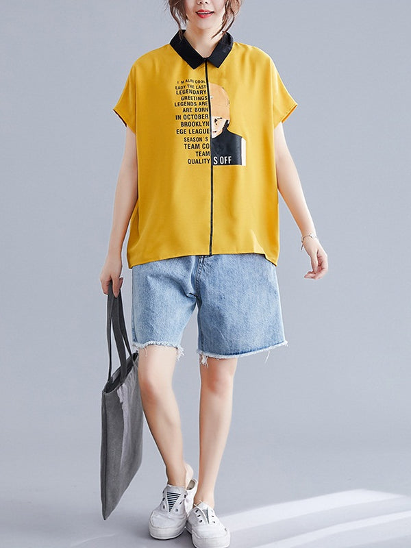 Royal Collar Graphic S/S Shirt Blouse (EXTRA BIG SIZE) (Yellow, Blue)