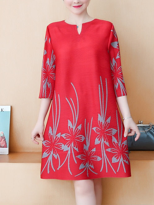 Yurika Plus Size Floral Sketch Print Loose V Neck Shift 3/4 Mid Sleeve Dress (Red, Blue)