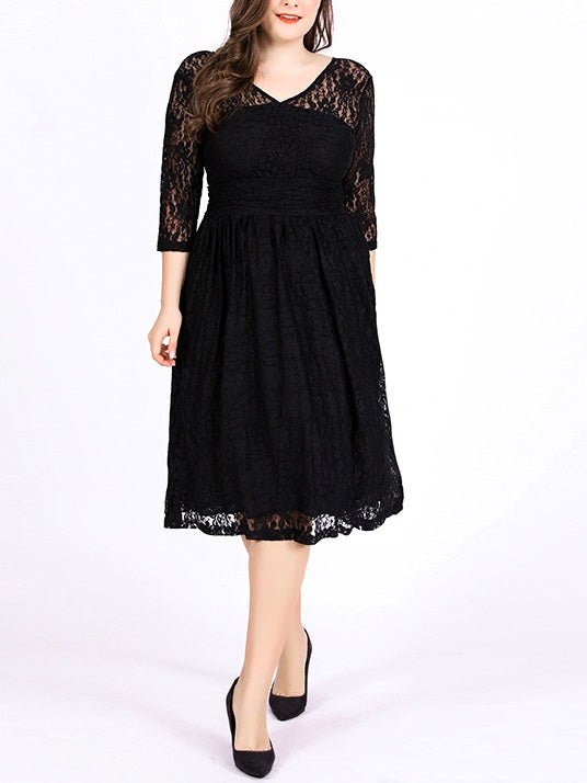 Shirelle Plus Size Formal Wedding Occasion Dinner V Neck Floral Lace Swing Mid Sleeve Dress (EXTRA BIG SIZE)