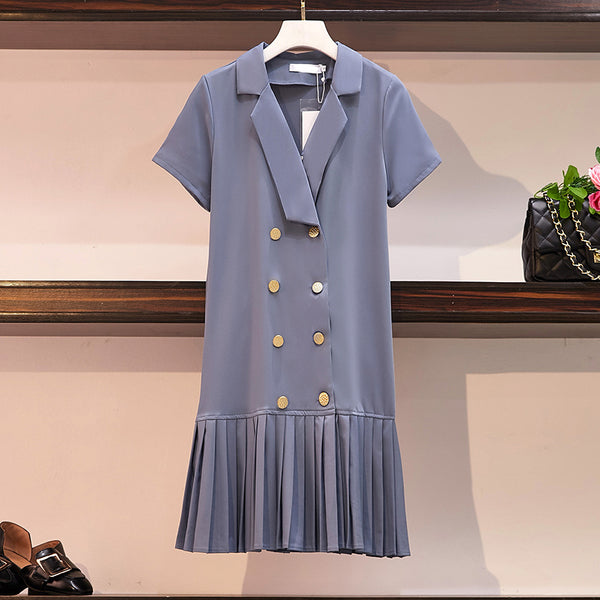 Koi Plus Size Blue Double Breast Pleated Short Sleeve Dress