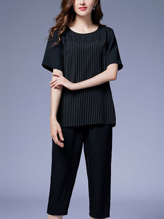 Putri Black Stripe Top and Capri Pants Set