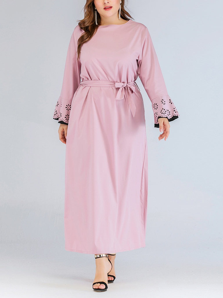 Tarrah Plus Size Pink Cut Out Lace Long Sleeve Maxi Dress (Suitable For Chinese New Year) (EXTRA BIG SIZE)
