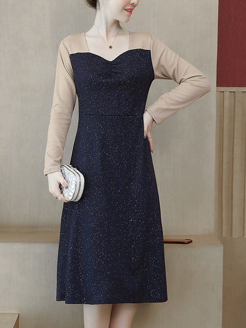 Yolanda Plus Size Shimmer Sweetheart Ribbon Back Long Sleeve Midi Dress