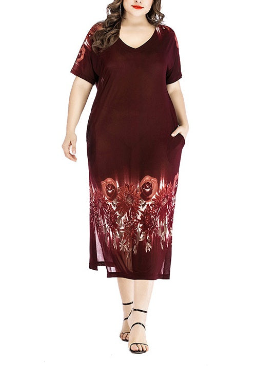 Tomika Plus Size Floral Rose Block Print Short Sleeve Midi Dress (Red, Brown) (EXTRA BIG SIZE)