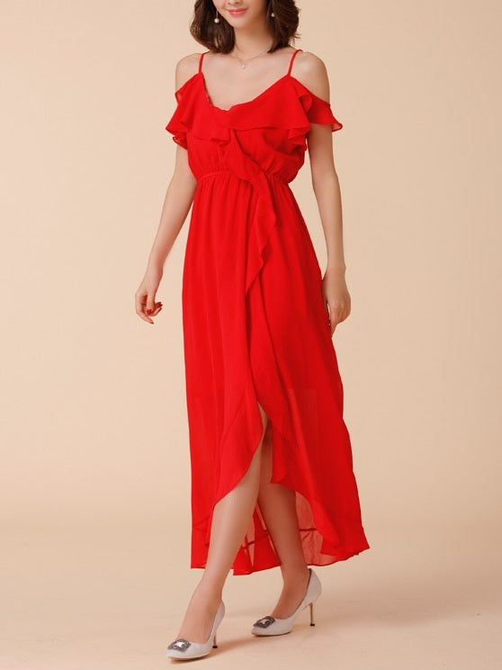 Karley Off Shoulder Plus Size Occasion Evening Wedding Short Sleeve Maxi Dress (Red)