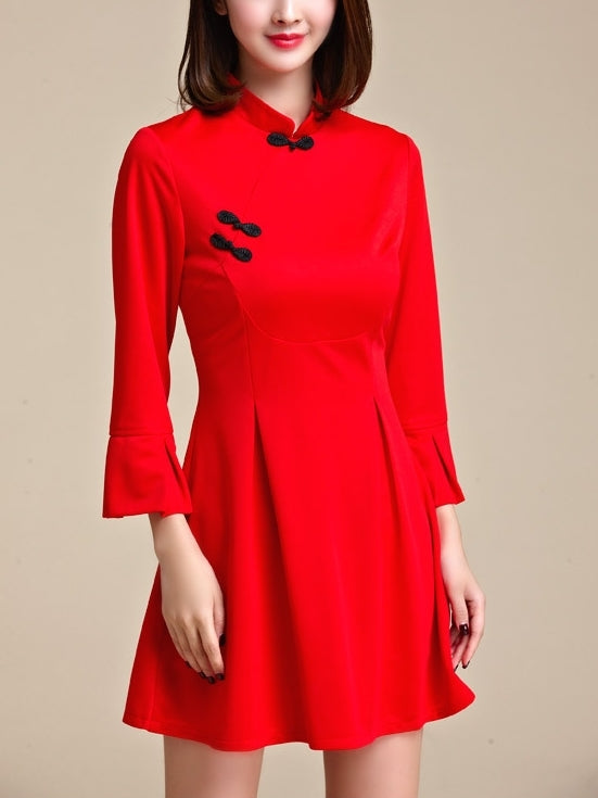 Simple Plus Size Qipao Cheongsam Mid Sleeve Dress (Red, Black)