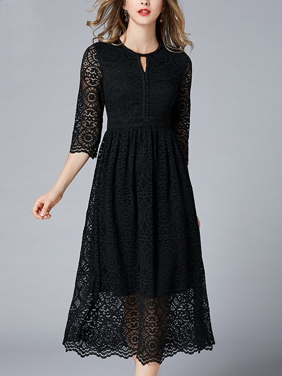 Mica Black Keyhole Midi Lace Dress