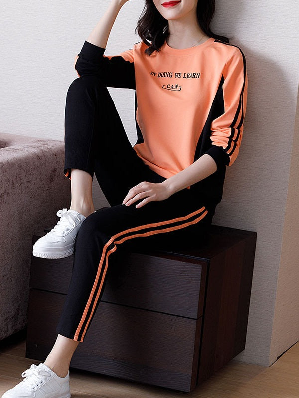 VeAnn Plus Size 2 Piece Orange Long Sleeve Top and Track Pants Set