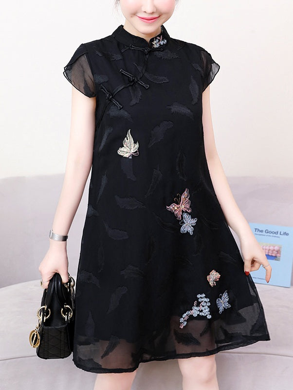 Thomasine Plus Size Cheongsam Qipao Black Flowers And Butterflies Short Sleeve Dress