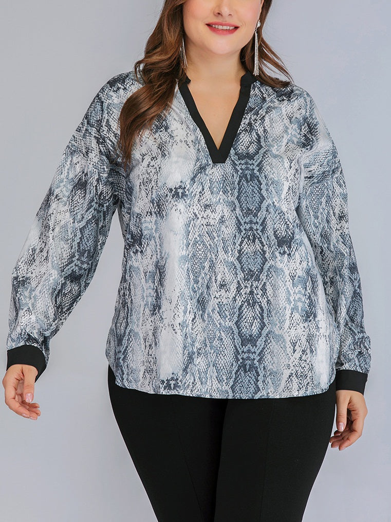 Tarren Plus Size V Neck Snake Print Long Sleeve Blouse(Suitable For Chinese New Year) (EXTRA BIG SIZE)