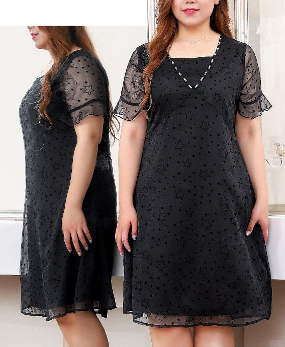 Pascoe Black Stars Chiffon V Neck Bead Dress (EXTRA BIG SIZE)