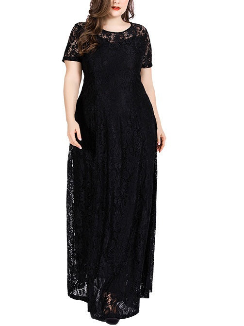 Shirie Lace Plus Size Occasion Evening Wedding Sweetheart Neckline S/S Maxi Dress Gown (White, Black) (EXTRA BIG SIZE)