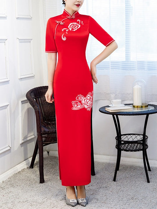Tayci Plus Size Cheongsam Qipao Chinese Floral Embroidery Short Sleeve Maxi Dress Gown (Suitable For Chinese New Year, Weddings, Evening Wear, Red Carpet, Company Function) (Blue, Red)