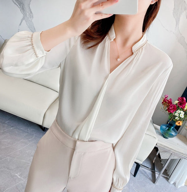 Plus Size Pearl Chiffon Work Long Sleeve Blouse