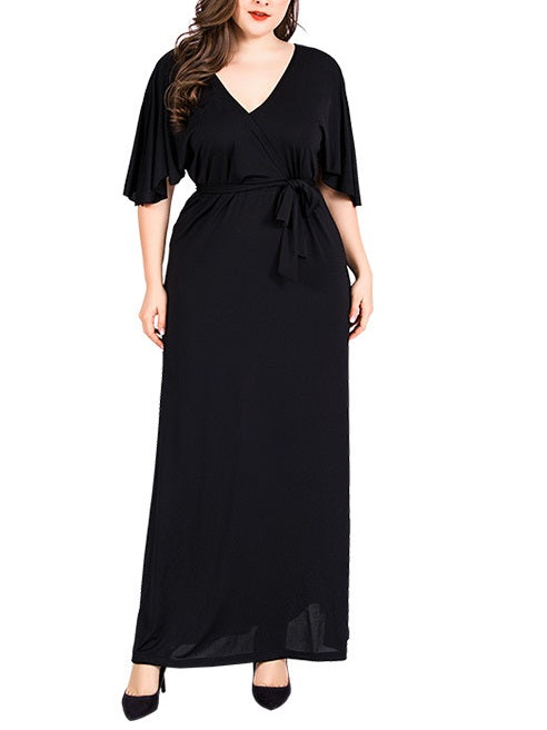 Wenche Plus Size Wrap V Neck Waist Tie Short Sleeve Maxi Dress (Black) (EXTRA BIG SIZE)