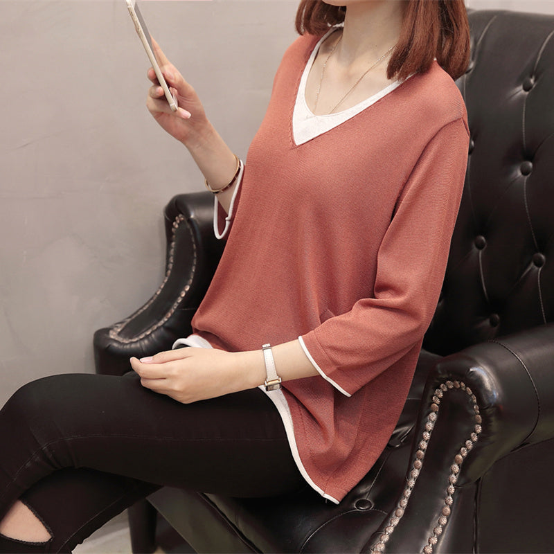 Kojii Plus Size Knit Loose V Neck Mid Sleeve Top